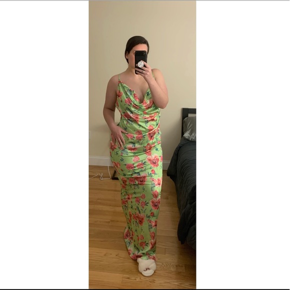 PrettyLittleThing | Dresses | Plt Lime Floral Print Satin Cowl Neck Maxi  Dress | Poshmark